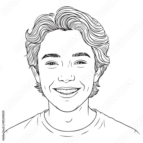 Vector Line Art Portrait of Smiling Youthful Face with Wavy Hair