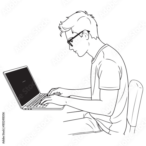 Black and White Line Art Illustration of Young Man Using Laptop