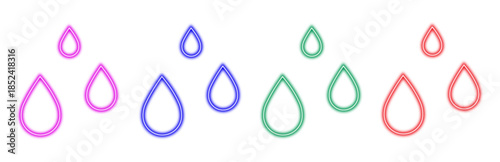 Set of colorful neon water drop icons glowing in vibrant outline design. Modern vector collection with luminous liquid elements for weather, environment, and abstract themes