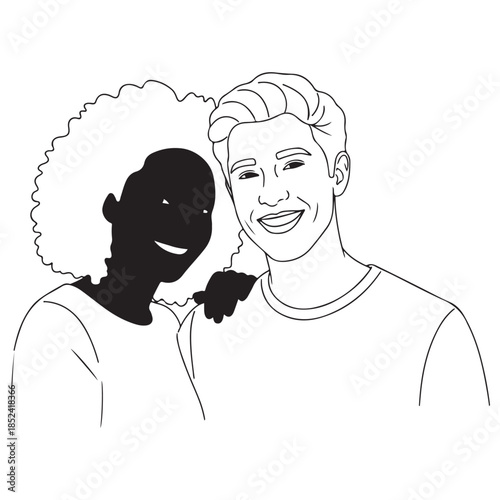 Outline Illustration of Diverse Couple Smiling with Arms Around Each Other
