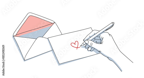 A person's hand writes a love letter drawing a red heart on a white card next to an open envelope in a simple line art style.