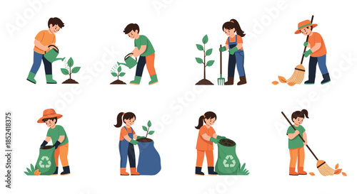 Set of children volunteering for environmental cleanup by planting trees watering saplings and collecting fallen leaves into recycle bags.