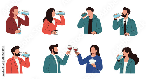 Diverse set of cartoon men and women shown drinking different beverages from bottles glasses and cups for hydration and celebration.