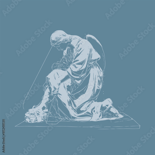Modern monochrome line art depiction of a religious figure kneeling in prayer with a halo