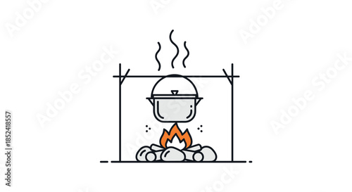 Simple line art icon of a pot cooking over a campfire representing outdoor adventure camping and preparing food in the wilderness.