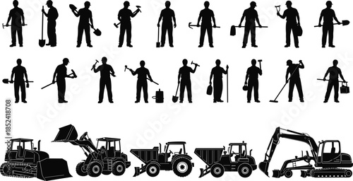 Construction worker silhouettes, heavy machinery vehicles icons, labor tools set, excavator loader tractor illustration, industrial workforce equipment collection vector