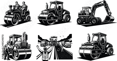 Road construction machinery set, asphalt roller, excavator, heavy equipment operators, highway paving process, black and white vector illustration, industrial engineering design