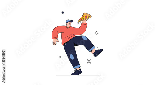 A cheerful and modern cartoon character happily dancing while holding up a delicious slice of pizza as a celebration of food.