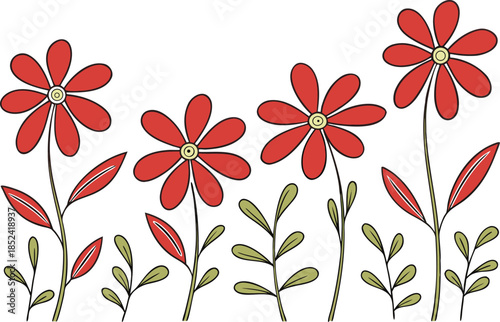 Red flowers with green leaves on stems floral petals plant