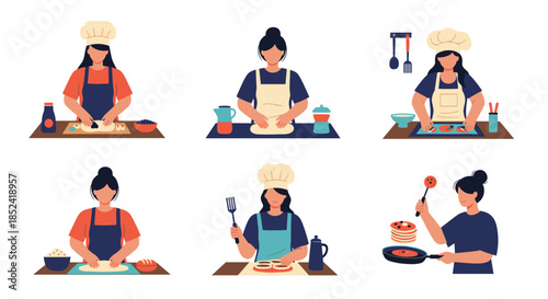 A collection of a female chef or home cook preparing various meals including kneading dough chopping vegetables and flipping pancakes.