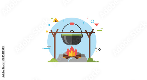 A vibrant flat design icon of a cooking pot hanging over a crackling campfire perfect for camping and outdoor adventure themes.