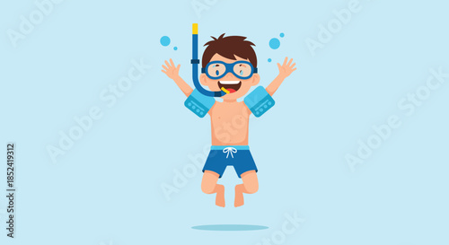 A cheerful cartoon boy wearing arm floaties and a snorkel mask happily jumping into the water for a fun summer swim.