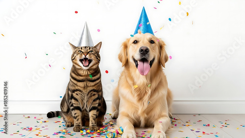 Cat and Dog Wearing Party Hats with Confetti birthday