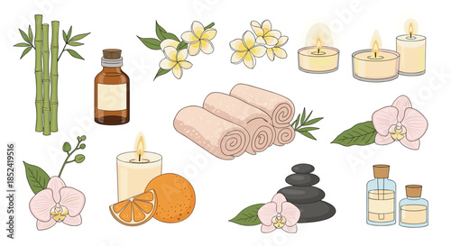 A beautiful collection of spa and wellness elements including essential oils candles hot stones and flowers for relaxing aromatherapy.