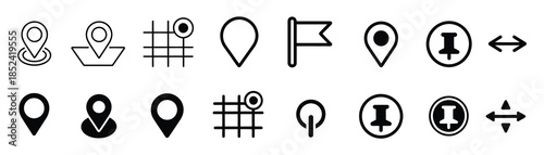 Map pin location icon set with various map markers and black pointer GPS location symbols for mobile app interface design, delivery services, and international travel destination mapping vector.