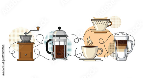 A visual representation of the coffee making process from bean grinding to brewing with a french press and pour-over methods.