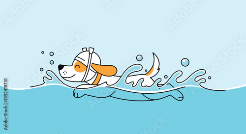 A charming and funny illustration of a happy dog wearing a swim cap while enjoying a refreshing swim in the water.