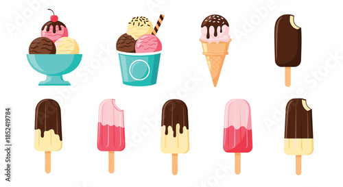 A delicious collection of various ice cream treats including scoops in a bowl cones and chocolate-covered popsicles for summer.