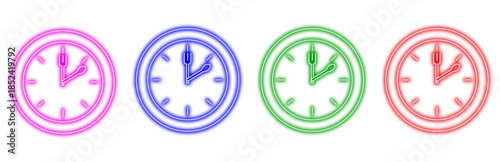 Set of colorful neon mealtime clock icons with fork and spoon hands, symbolizing dining schedules and restaurant hours on a bright white background