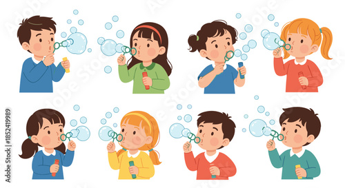 A delightful collection of diverse young children happily playing together and blowing colorful soap bubbles from bubble wands.