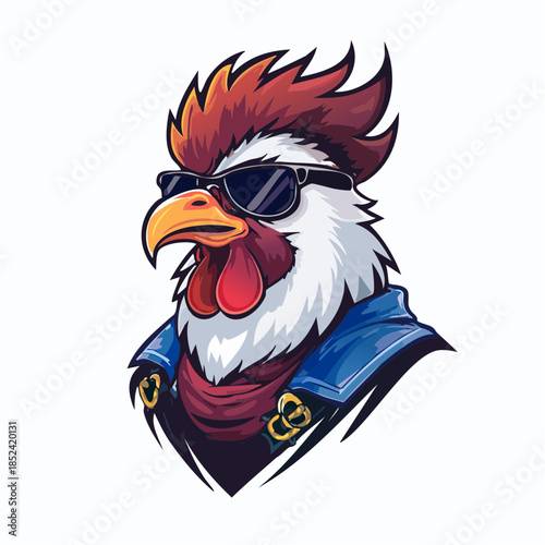 Cool rooster head illustration with sunglasses and leather jacket for trendy mascot logo
