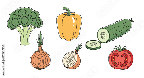 A fresh and healthy set of garden vegetables in a colorful line art style including broccoli pepper cucumber onion and tomato.