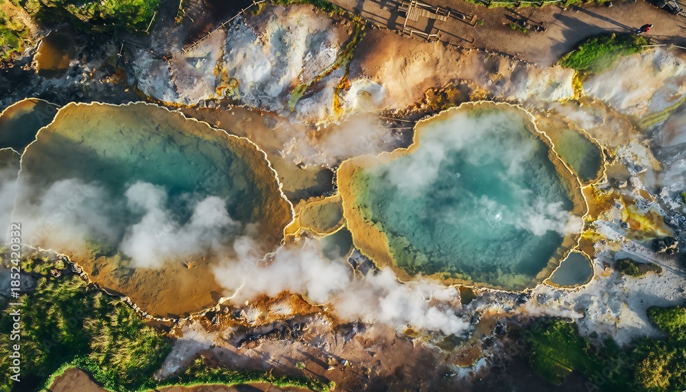 Fototapeta premium Aerial view of geothermal hot springs with vibrant turquoise water and steam rising from the volcanic landscape.