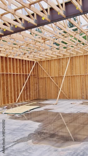 Wooden beams frame construction site with concrete floor, early stages of building