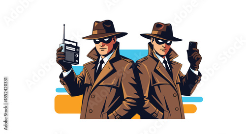 A cool retro illustration of two classic secret agent spies in trench coats and hats communicating with a radio and phone.