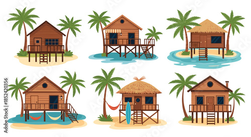 A beautiful collection of tropical beach bungalows and stilt huts on a sandy shore surrounded by palm trees for a vacation.