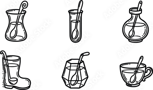 various drinking glasses and cups with spoons inside  kitchen utensils