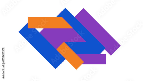 Abstract geometric shapes in purple, blue, and orange overlapping to create a dynamic and modern visual composition on a white background