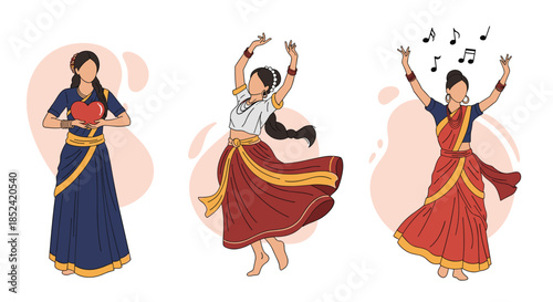 A set of three illustrations of a beautiful Indian woman in traditional dress expressing love dancing and enjoying music.