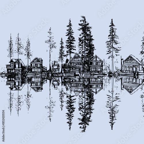 Serene lakeside scene featuring wooden cabins and tall pine trees reflected perfectly in still