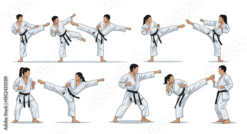 A dynamic set of male and female martial artists in white kimonos demonstrating various powerful karate kicks and punches.