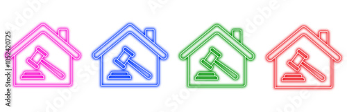 Set of colorful neon house icons with a prominent gavel symbol inside, representing property auction, real estate law, and legal transactions, isolated vector on white.