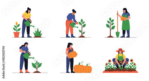 A set of illustrations showing a woman engaged in various gardening activities like watering plants digging and harvesting pumpkins.