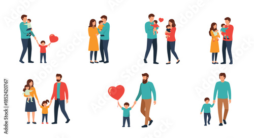 A heartwarming collection of happy families with parents and children walking and spending quality time together with love.