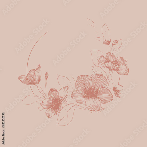Elegant floral illustration featuring softly sketched flowers and leaves on a muted pink