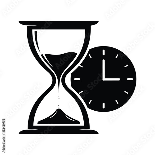 Time management symbolized by hourglass and clock