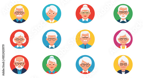 A diverse collection of senior citizen avatar icons showing elderly men and women with different hairstyles glasses and expressions.