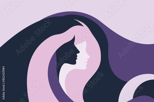 Abstract female faces profile in flowing hair, modern minimal flat vector illustration symbolizing woman beauty, inner child, self love, mental health and feminine empowerment.
