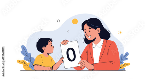 A kind female teacher showing a flashcard with the number zero to a young boy helping him learn basic math concepts.