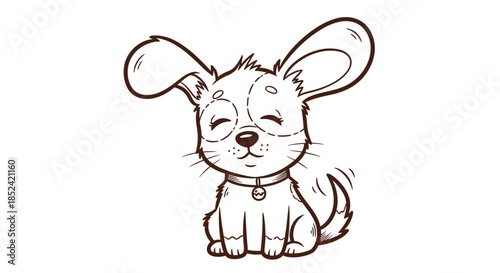 A cute and happy puppy with big floppy ears and a wagging tail sitting patiently in a simple black and white outline.