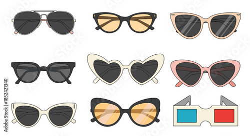 A stylish set of various fashionable sunglasses designs including aviator cat-eye and heart-shaped frames for summer protection.