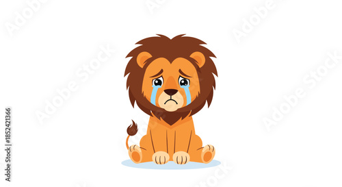 Adorable cartoon baby lion cub sitting down and crying with big tears streaming from its very sad eyes isolated on a white background.