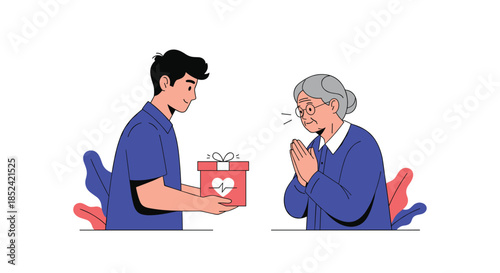 Young man giving a thoughtful gift with a heart symbol to a grateful elderly woman who is clasping her hands with appreciation.