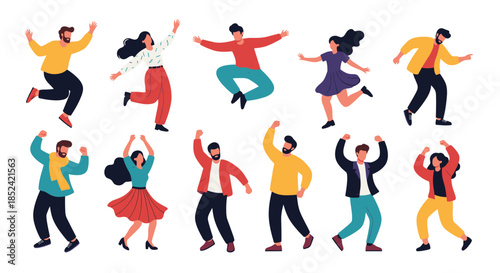 Collection of diverse young people jumping and dancing with joy and excitement celebrating together on a clean white background.