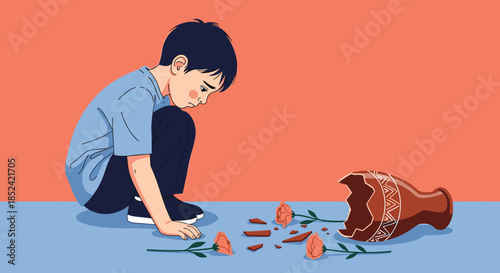 Sad little boy crouching down to look at the scattered pieces of a broken clay vase with flowers on a colored background.