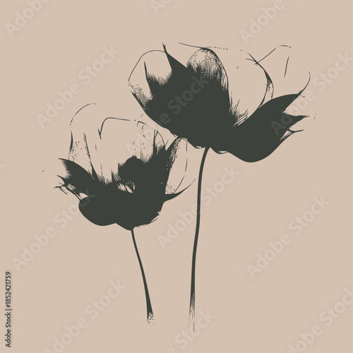 Minimalist black silhouette of two delicate flowers on a neutral beige background showcasing